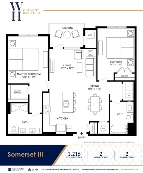 Floor plan for 2 beds, 2 baths, 1216 sqft